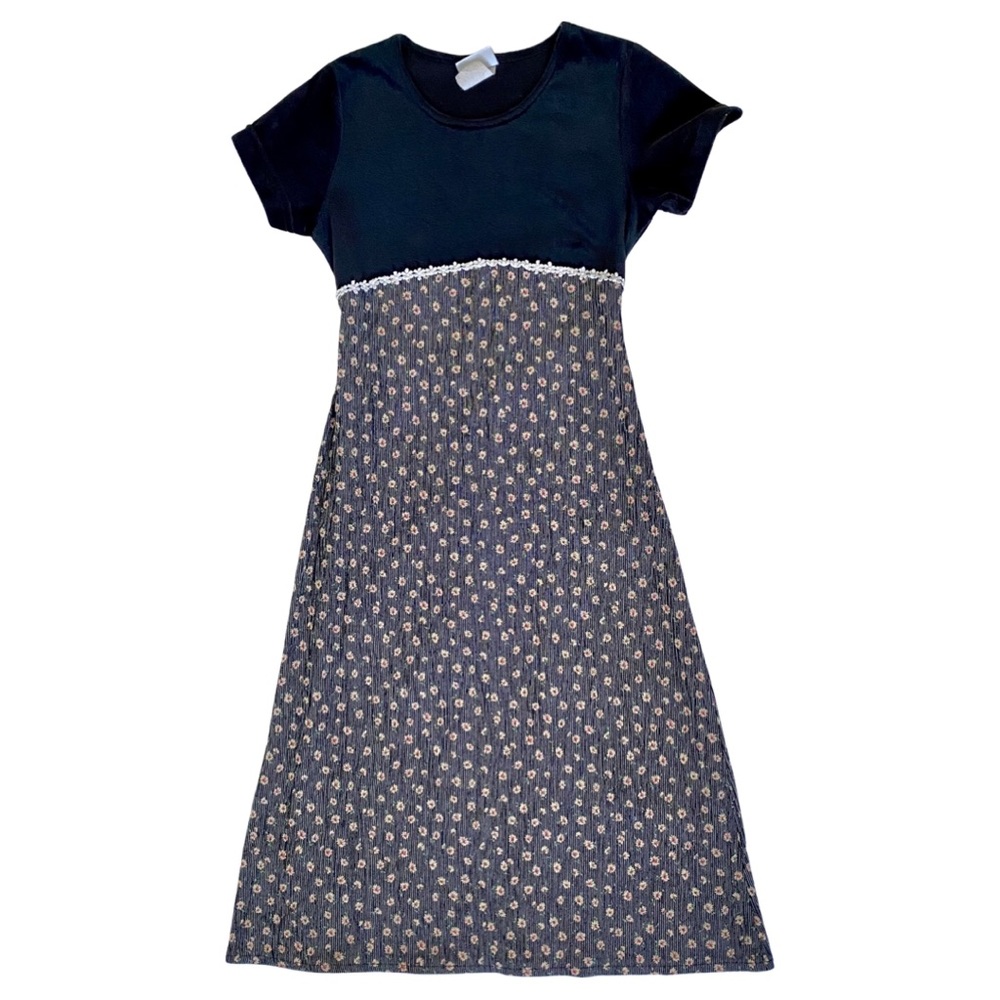 VTG 90's Dainty Grunge Twee Short Sleeve Velvet Heat Printed Daisy Midi Dress - Picture 2 of 11